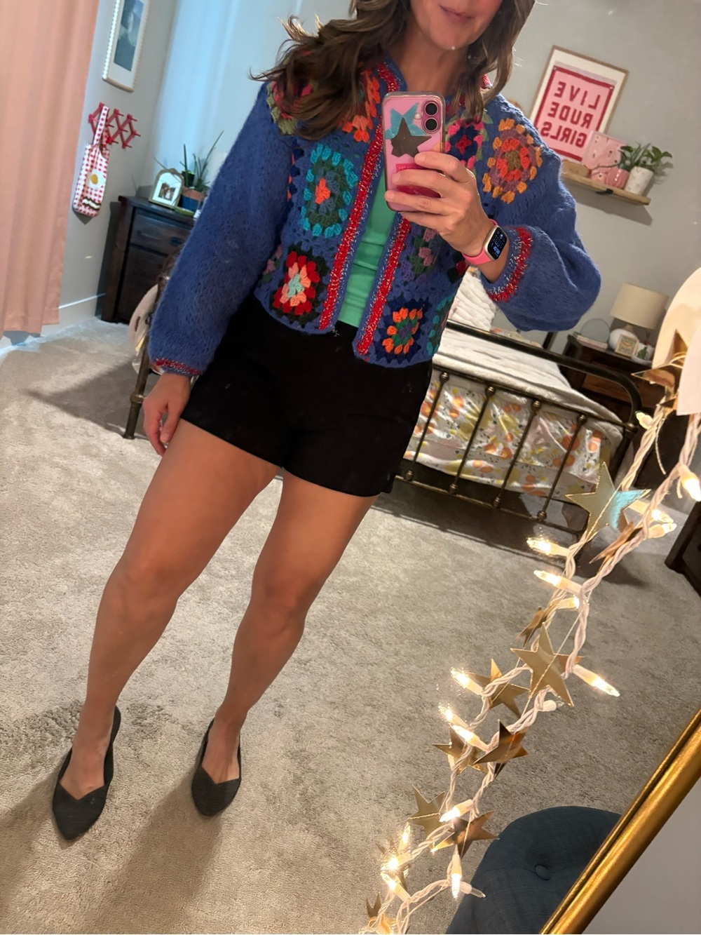 Vici Blue Crochet Patchwork Cardigan with Multicolor Granny Squares